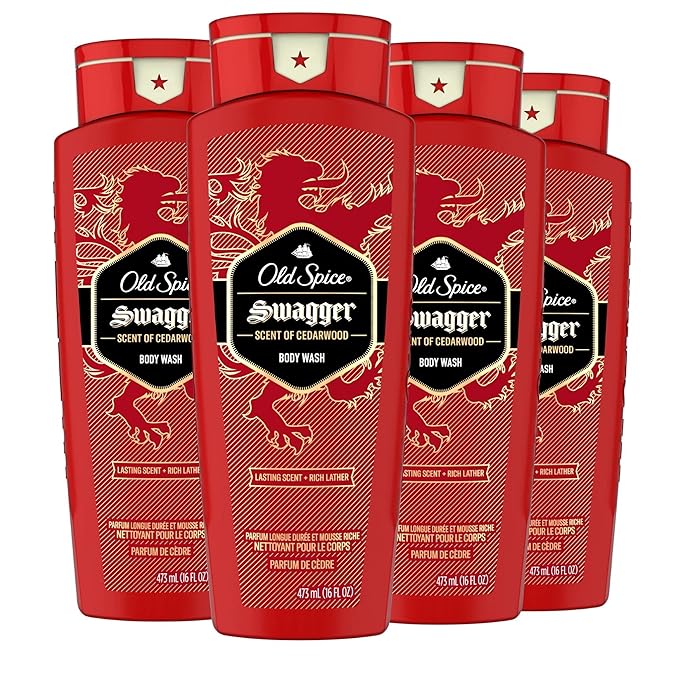 Old Spice Refreshing Body Wash for Men, 3X Defense, 24/7 Shower Fresh with Long Lasting Scent, Red Collection, Swagger with Cedarwood Scent, 16 oz (Pack of 4)
