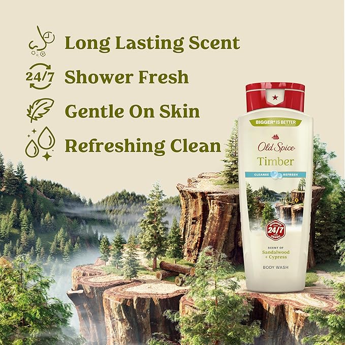Old Spice Cleansing Body Wash for Men, 24/7 Shower Fresh with Lasting Scent, Cleanse & Refresh, Gentle on Skin, Vitamin B3, Timber with Sandalwood + Cypress Scent, 18 oz (Pack of 4)