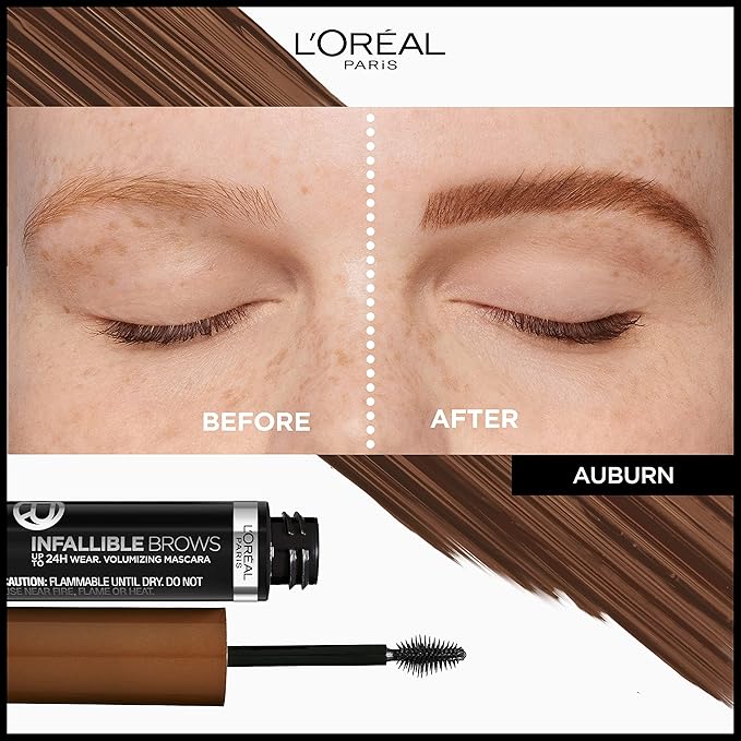 L'Oreal Paris Infallible Volumizing 24H Wear Brow Mascara, Long Lasting Eyebrow Makeup for 2X Fuller Eyebrows, 6R Auburn, 0.13 Fl Oz
