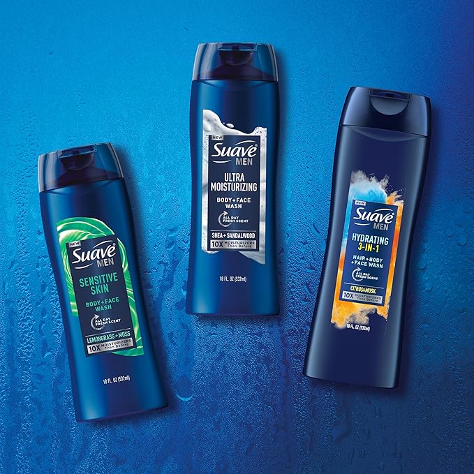 Suave Men Moisturizing Body & Face Wash for Sensitive Skin, Lemongrass scent, No Parabens, No Phtahaltes, 18 Oz Pack of 6