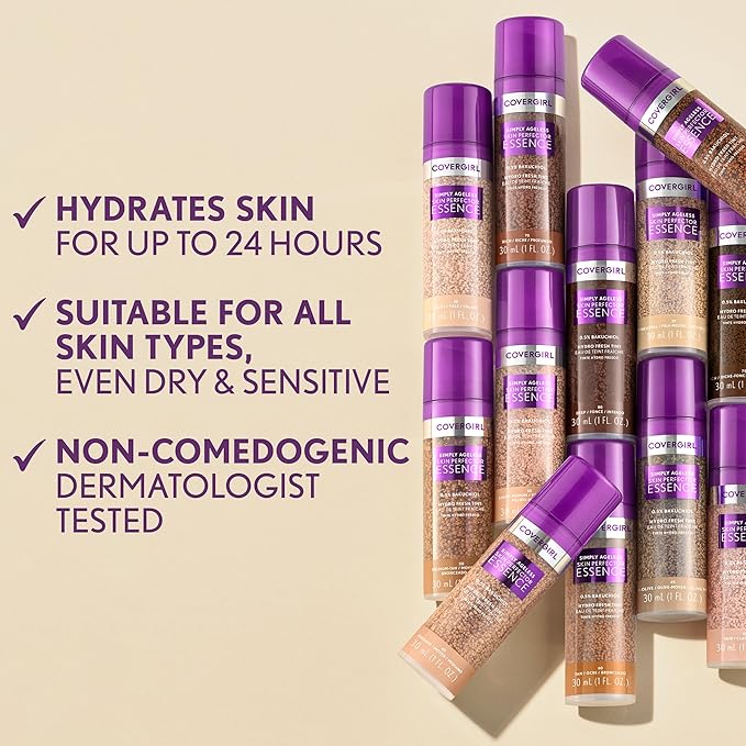 Covergirl Simply Ageless Skin Perfector Essence Foundation, 70 Rich, Tinted Skin Perfector, Skincare Makeup Hybrid, Sheer Tint, Radiant Finish, Skin-Like Finish, Vegan Formula, 1.0oz