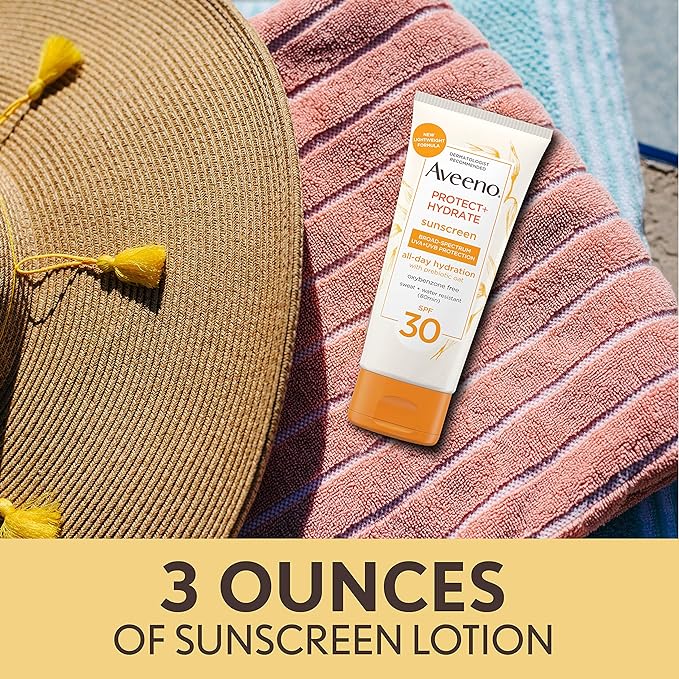 Aveeno Protect + Hydrate Moisturizing Body Sunscreen Lotion With Broad Spectrum Spf 30 & Prebiotic Oat, Weightless & Refreshing Feel, Paraben-free, Oil-free, Oxybenzone-free, 3.0 ounces